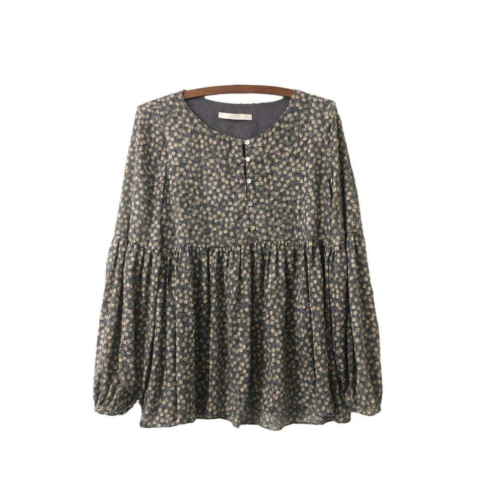 Zara Trafaluc Blue Pink Mini Floral Boho Balloon Sleeve Flowy Top Blouse Medium